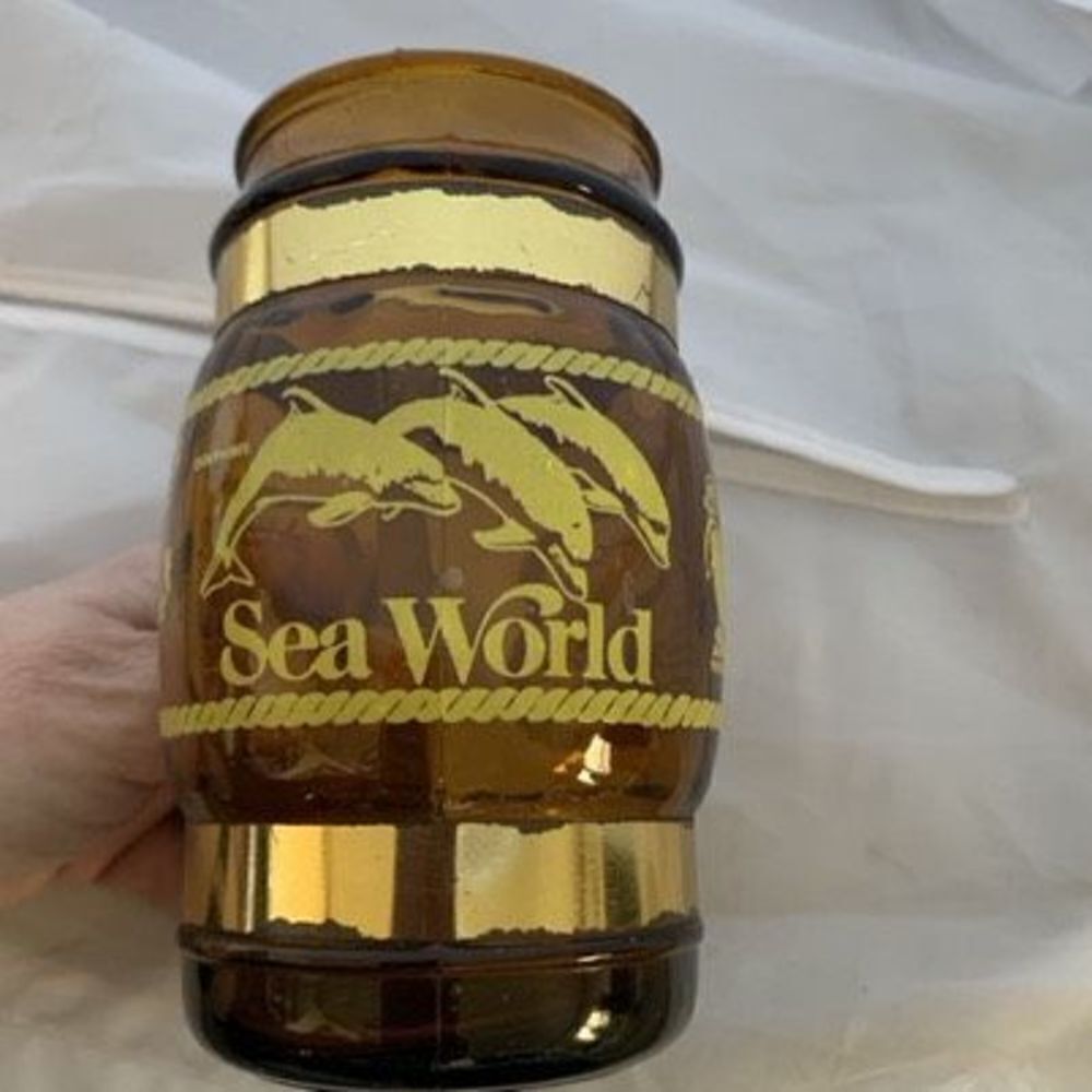 Vintage Sea World 1980 Souvenir Brown Glass Mug With Wood Handle